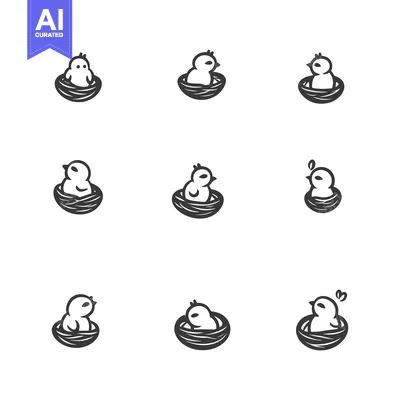 Popular premium asset: Nine Black and White Illustrations of a Baby Bird in a Nest