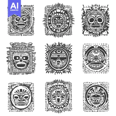 Premium design asset: Nine Black and White Illustrations of Ancient Aztec Masks