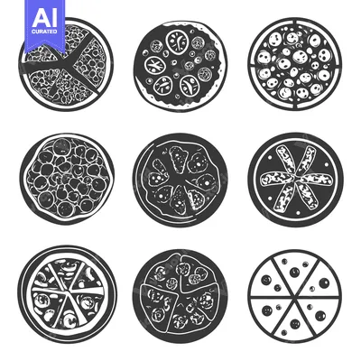 Nine Black and White Illustrations of Different Pizza Toppings