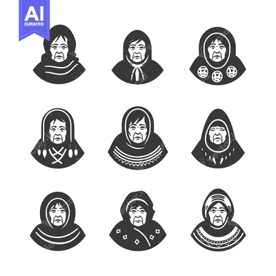 Aset desain premium: Nine Black and White Illustrations of Elderly Women in Traditional Clo