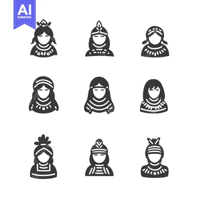 Premium design asset: Nine Black and White Illustrations of Indigenous Women in Traditional