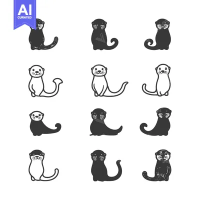 Aset desain premium: Nine black and white illustrations of otters in different poses