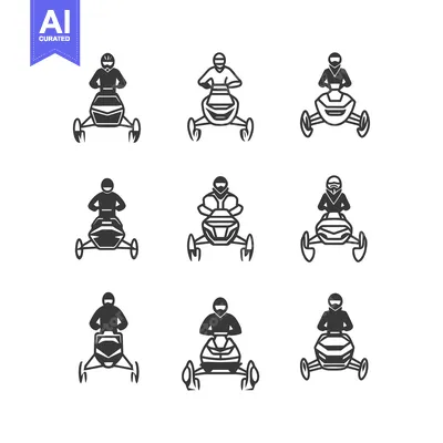 Aset desain premium: Nine black and white illustrations of snowmobile riders