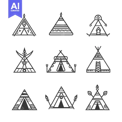 Aset premium populer: Nine Black and White Illustrations of Teepees with Geometric Designs