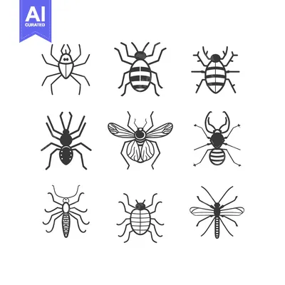 Nine Black and White Insect Silhouettes