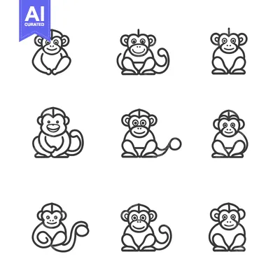 Aset desain premium: Nine Black and White Line Art Illustrations of Monkeys