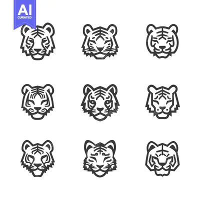 Aset premium populer: Nine Black and White Line Art Tiger Head Illustrations