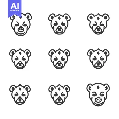 Premium design asset: Nine Black and White Line Drawings of a Bear's Face