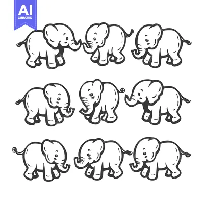 Aset premium populer: Nine Black and White Line Drawings of Adorable Elephants