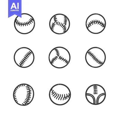 Nine Black and White Line Drawings of Baseball Balls