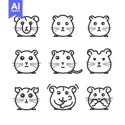 Aset desain premium: Nine Black and White Line Drawings of Cartoon Hamsters with Various Ex