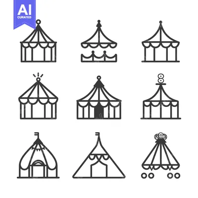 Aset desain premium: Nine Black and White Line Drawings of Circus Tents