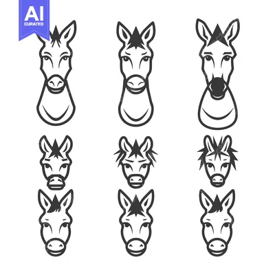 Aset premium populer: Nine Black and White Line Drawings of Donkey Faces