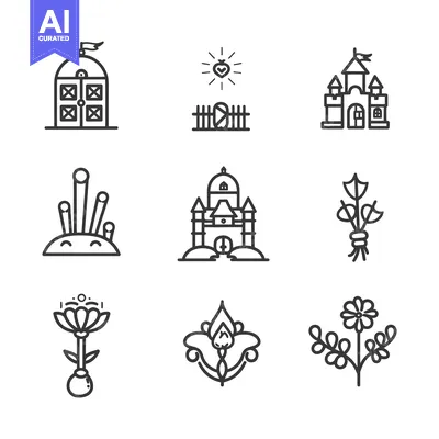 Nine Black and White Line Drawings of Fantasy Objects