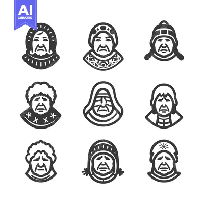 Aset desain premium: Collection of Stylized Vintage Female Faces Icons.