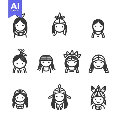 Aset desain premium: Nine Black and White Line Drawings of Indigenous People with Feathers