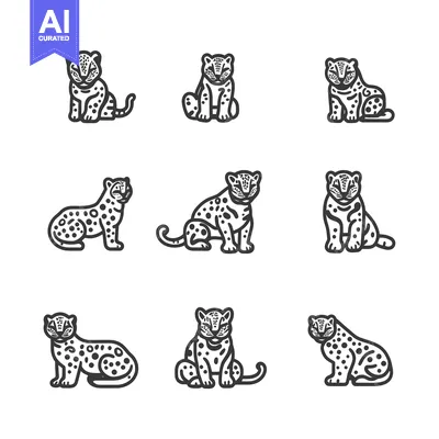 Aset premium populer: Nine Black and White Line Drawings of Leopards in Various Poses