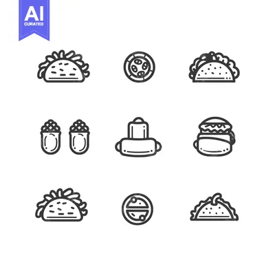 Aset desain premium: Nine Black and White Line Drawings of Various Foods