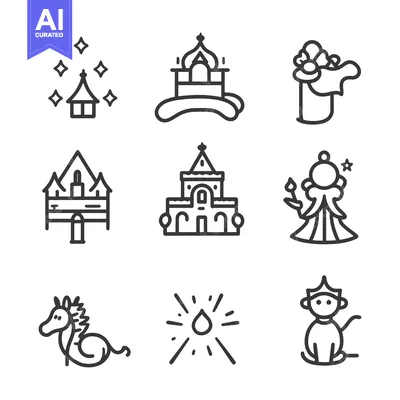 Aset desain premium: Nine Black and White Line Drawings of Various Subjects
