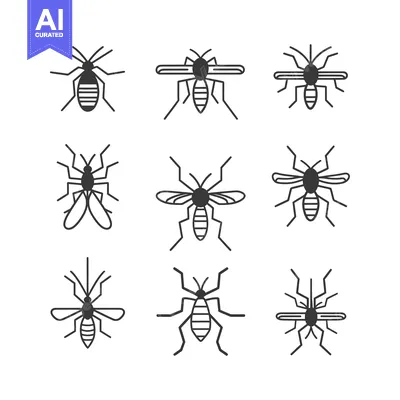 Nine Black and White Outline Illustrations of Mosquitoes