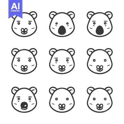 Premium design asset: Nine Black and White Outline Koala Faces with Different Expressions