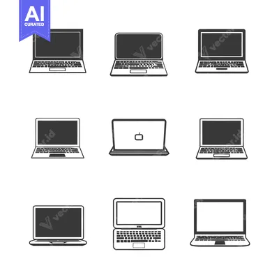 Aset premium populer: Nine black and white outline laptop icons with blank screens