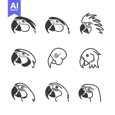 Nine Black and White Parrot Head Illustrations
