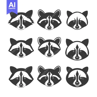 Premium design asset: Nine Black and White Raccoon Faces in Different Styles