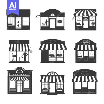 Aset premium populer: Nine Black and White Silhouette Illustrations of Storefronts