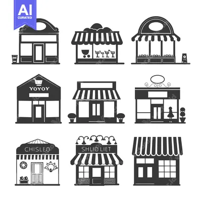 Aset premium populer: Nine Black and White Silhouette Illustrations of Storefronts
