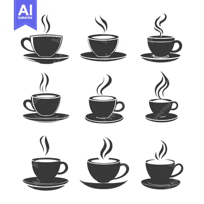 Nine Black and White Silhouettes of Coffee Cups with Steam