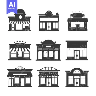 Premium design asset: Nine Black and White Silhouettes of Different Storefront Designs