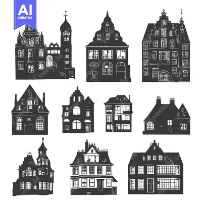 Aset premium populer: Nine Black and White Silhouettes of European Style Houses