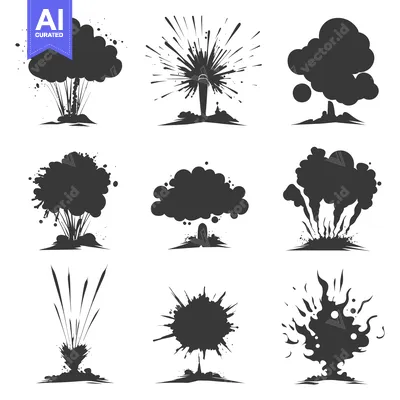 Nine Black and White Silhouettes of Explosions