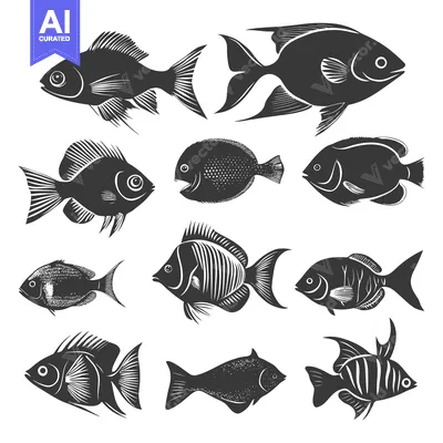 Aset premium populer: Nine Black and White Silhouettes of Fish with Detailed Fin Patterns