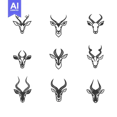 Nine Black and White Silhouettes of Gazelle Heads with Different Antle