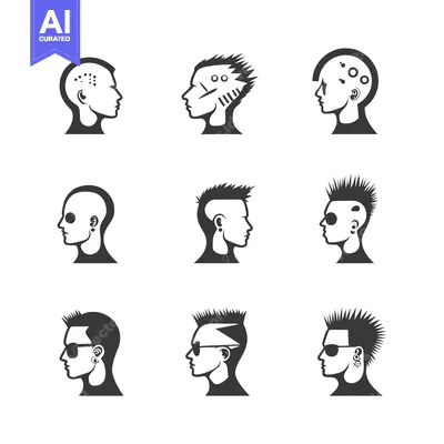 Nine Black and White Silhouettes of Human Heads with Different Hairsty