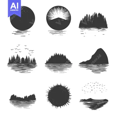 Premium design asset: Nine Black and White Silhouettes of Landscapes
