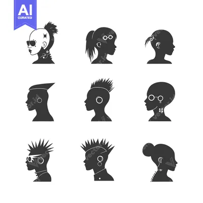 Aset premium populer: Nine Black and White Silhouettes of People with Unique Hairstyles and