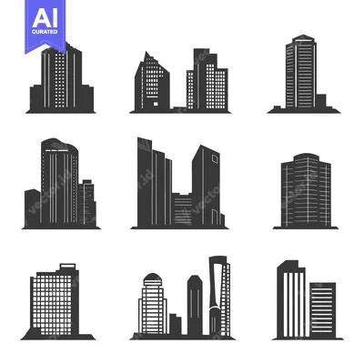 Aset desain premium: Nine Black and White Silhouettes of Skyscrapers
