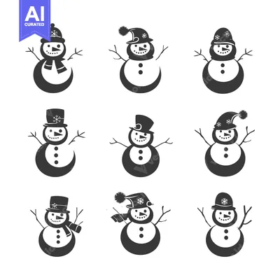 Nine Black and White Silhouettes of Smiling Snowmen