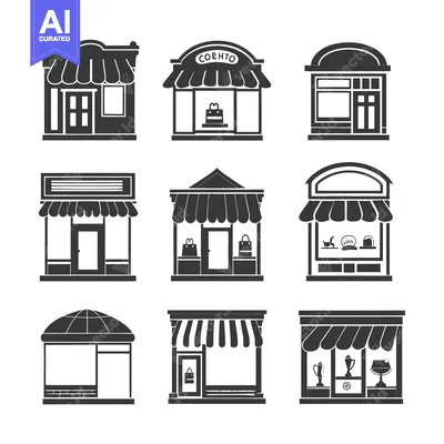 Aset desain premium: Nine Black and White Silhouettes of Storefronts with Awnings