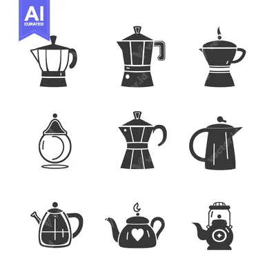 Nine Black and White Silhouettes of Teapots and Coffee Pots
