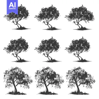 Aset desain premium: Nine Black and White Silhouettes of Trees with Detailed Foliage