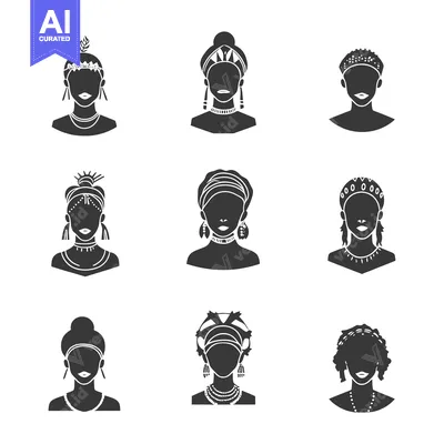 Aset desain premium: Nine Black and White Silhouettes of Women in Traditional African Headd