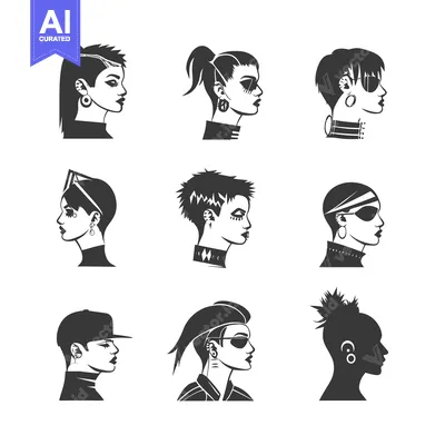 Aset premium populer: Nine Black and White Silhouettes of Women with Different Hairstyles an