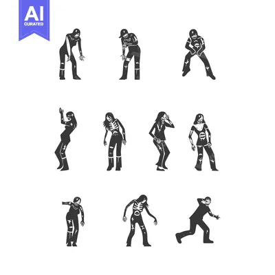 Nine Black and White Silhouettes of Zombies in Various Poses