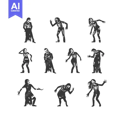 Nine Black And White Silhouette Zombies With Torn Clothing