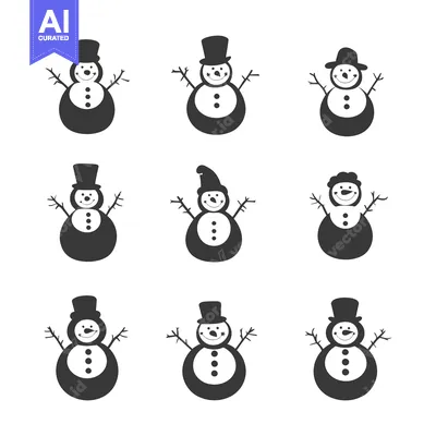 Aset premium populer: Nine Black and White Snowman Illustrations with Variations in Hats and