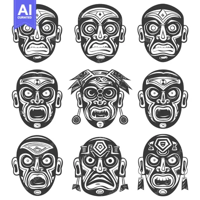 Premium design asset: Nine Black and White Tribal Masks with Geometric Patterns